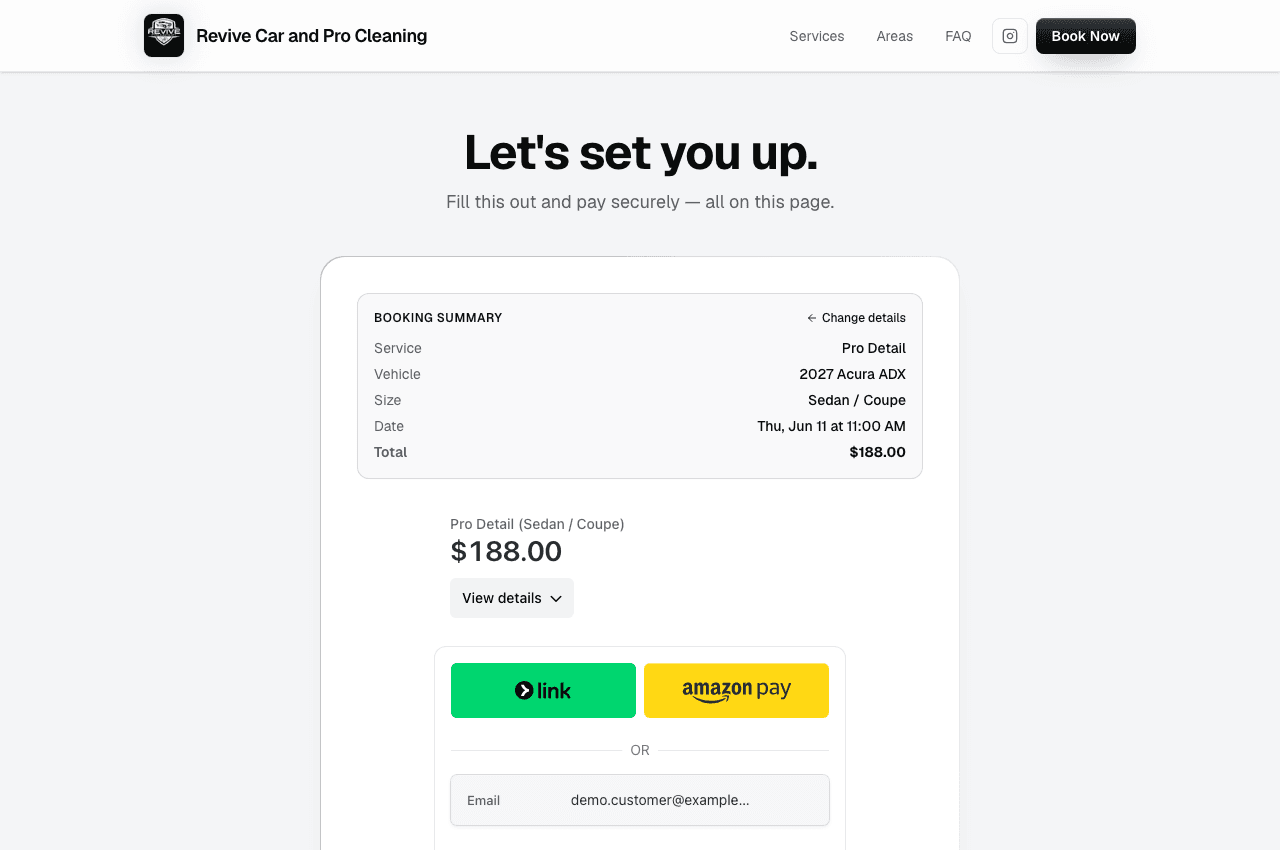 Revive booking checkout, a live Stripe payment for a $188 Pro Detail booking